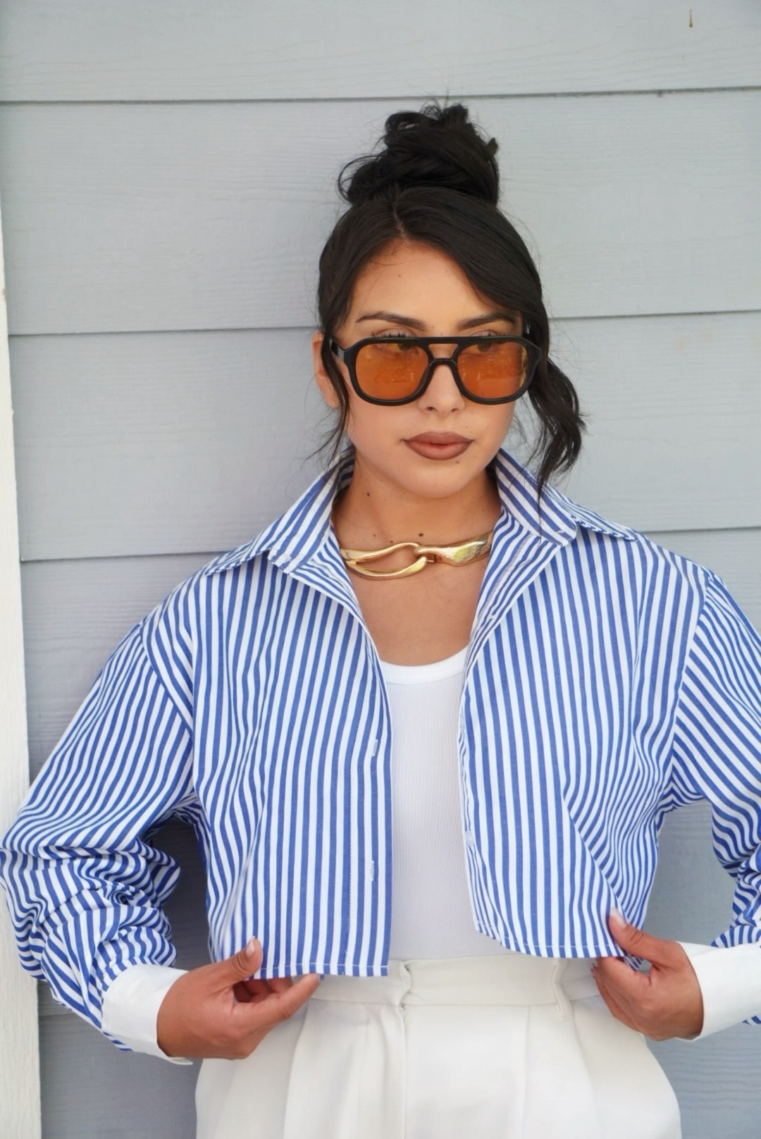 Lizbeth pinstripe cropped button up shirt