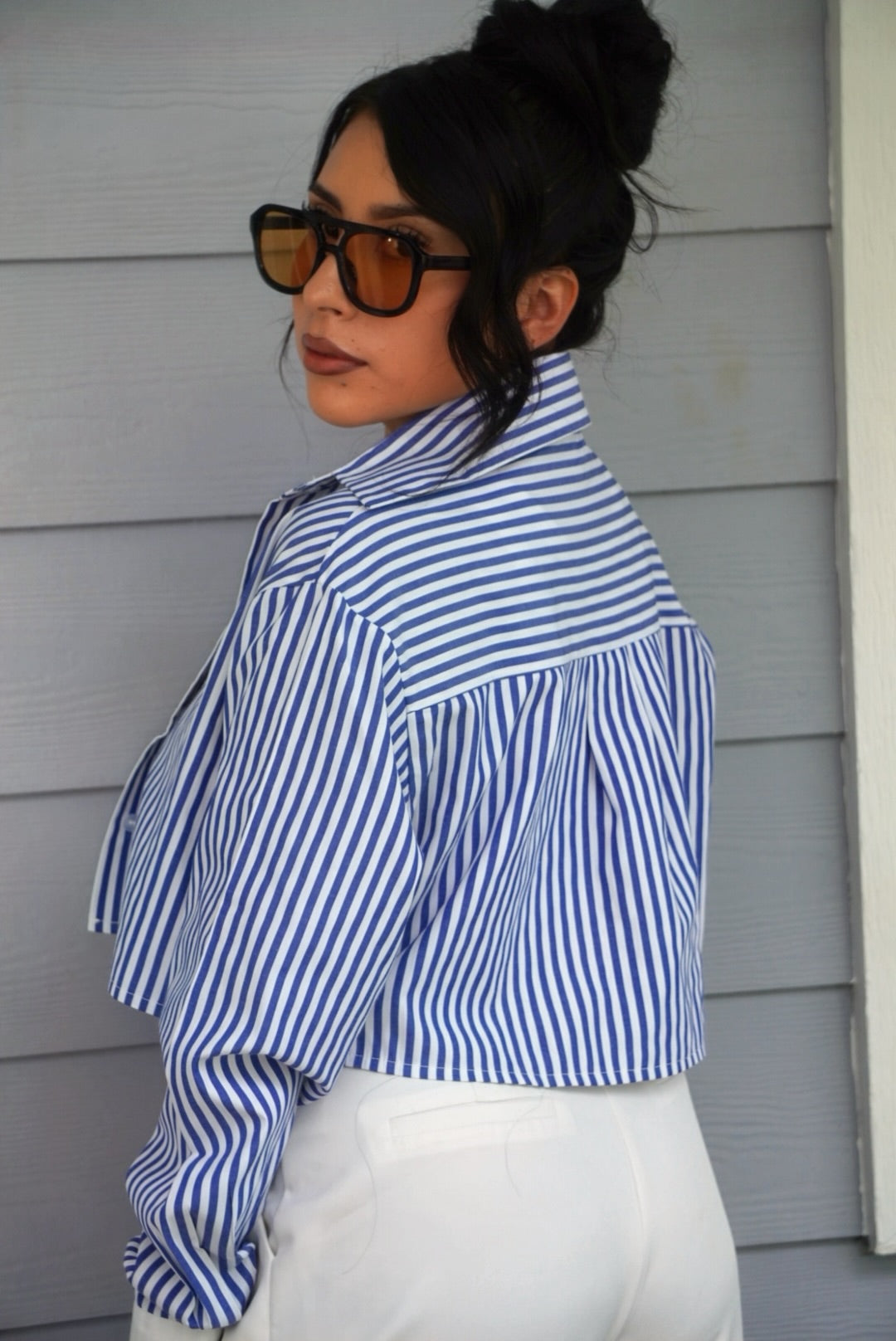 Lizbeth pinstripe cropped button up shirt