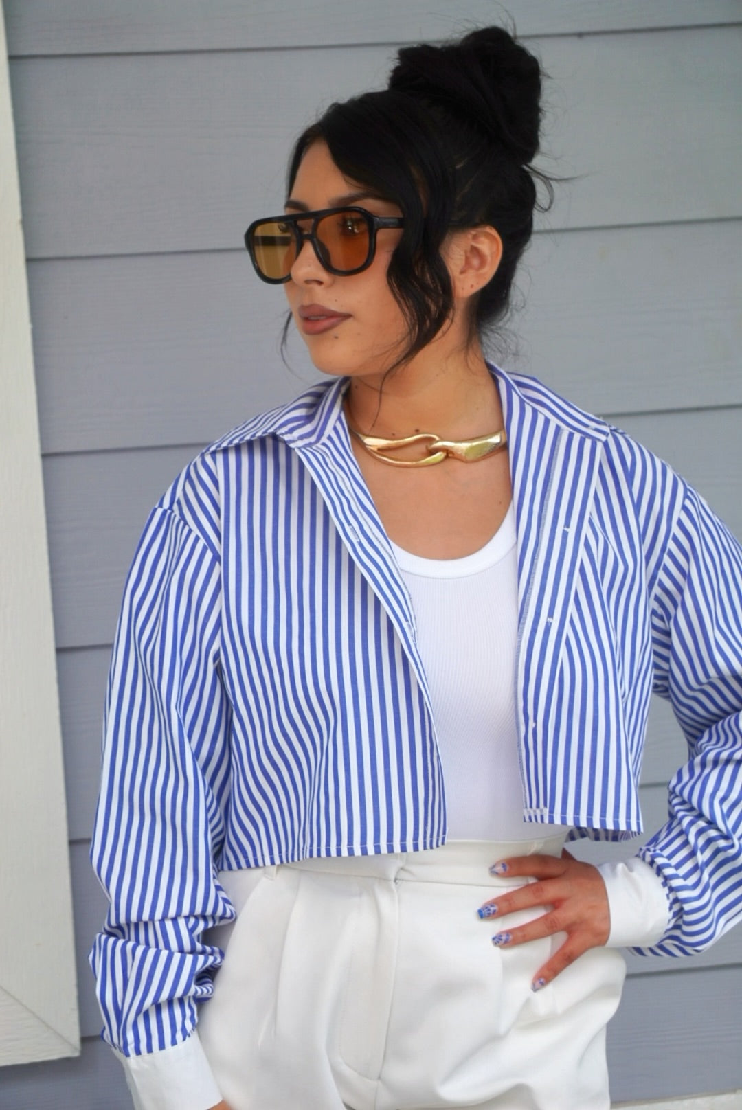 Lizbeth pinstripe cropped button up shirt