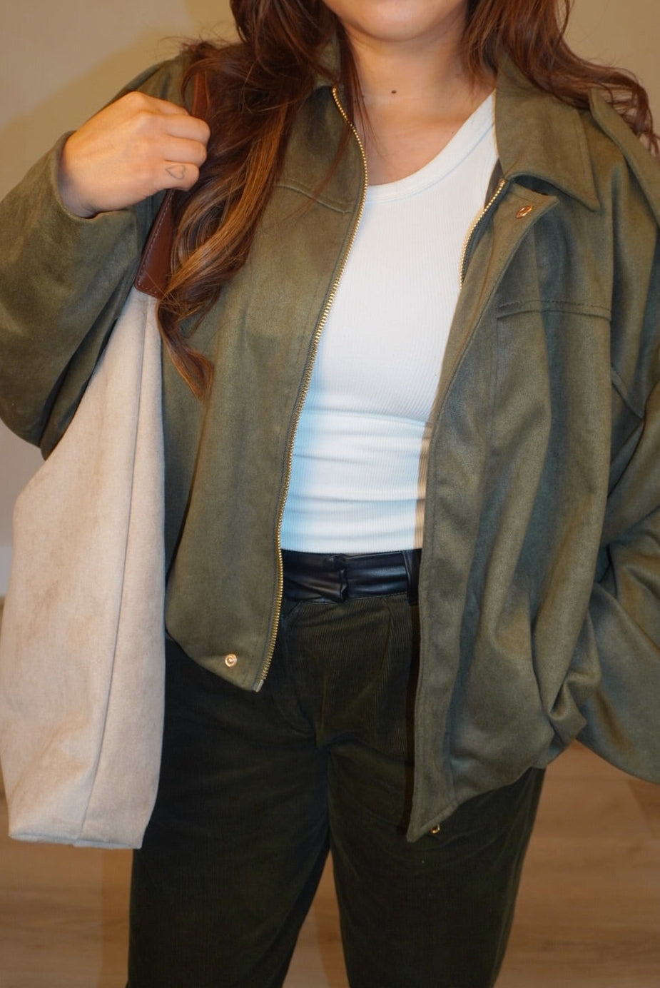Sage Olive Suede Bomber Jacket