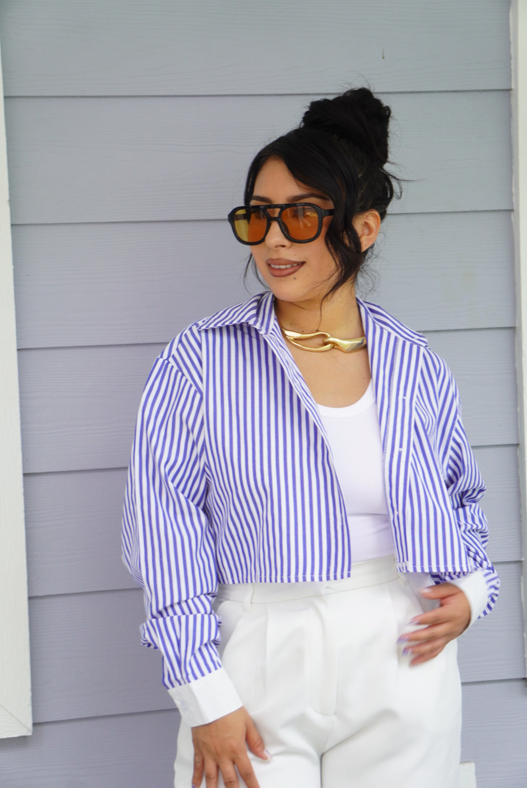 Lizbeth pinstripe cropped button up shirt