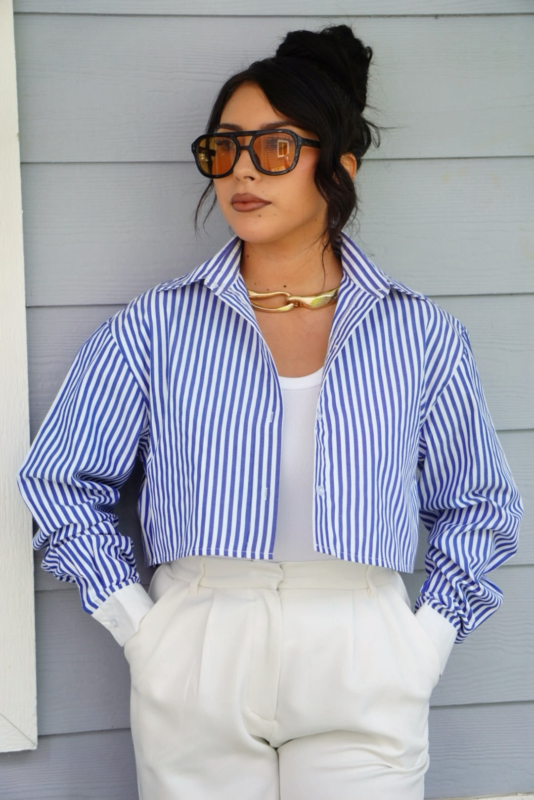 Lizbeth pinstripe cropped button up shirt