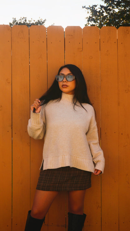 Dulce Mock Neck Split Hem Knit Pullover Sweater