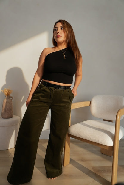Olivia Leather Waist Band Wide Leg Pants