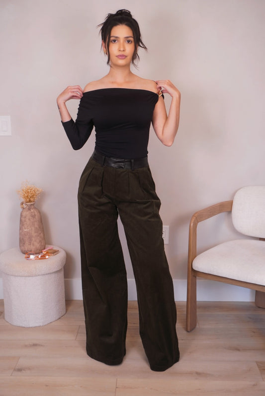 Olivia Leather Waist Band Wide Leg Pants