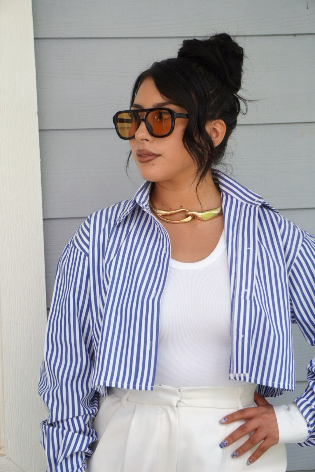 Lizbeth pinstripe cropped button up shirt