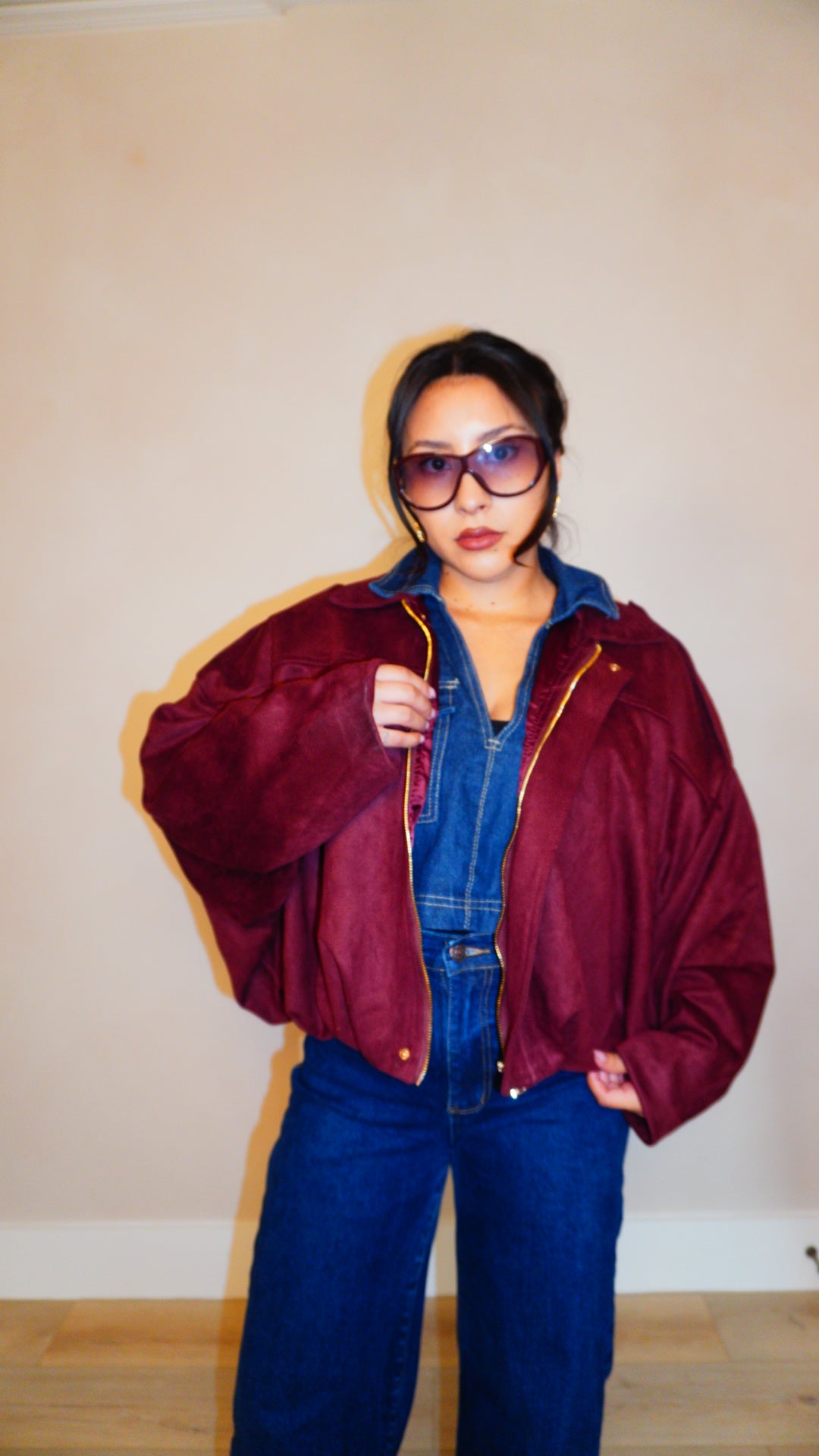 Monet Wine Suede Bomber Jacket