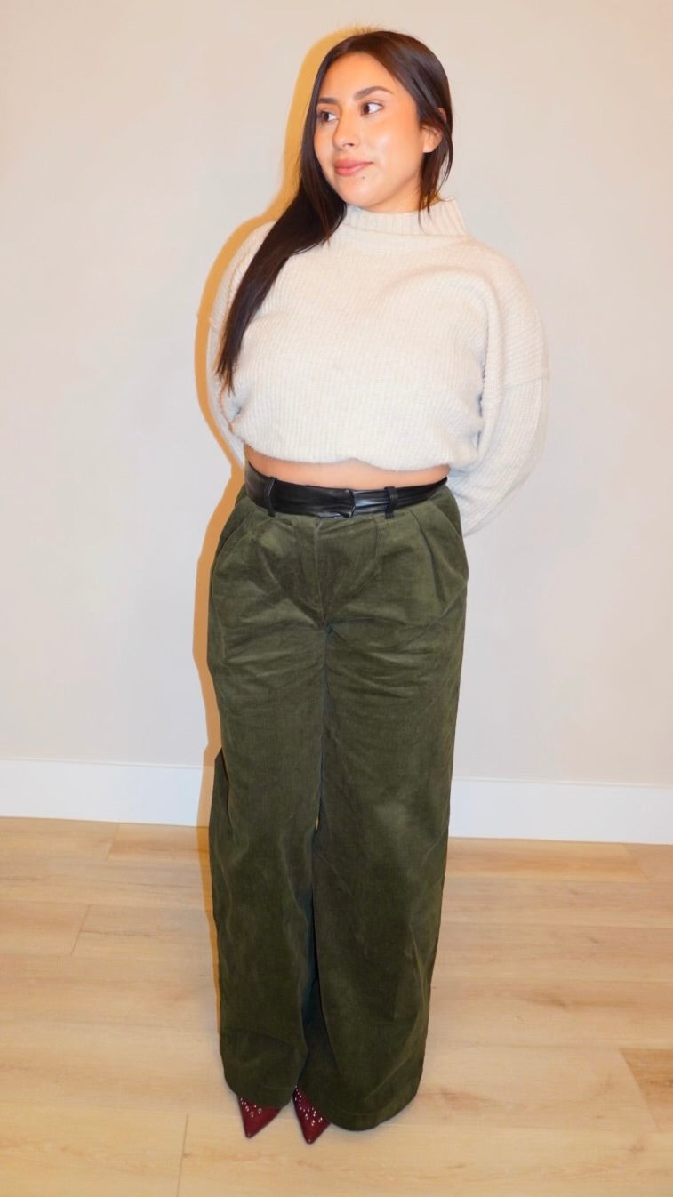 Olivia Leather Waist Band Wide Leg Pants