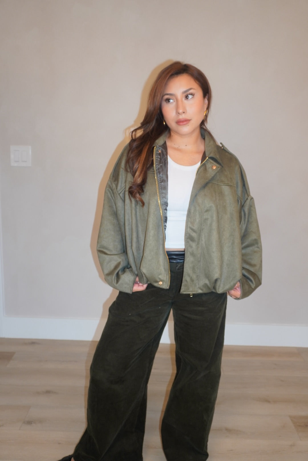 Sage Olive Suede Bomber Jacket