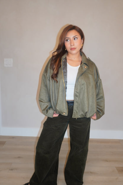 Sage Olive Suede Bomber Jacket