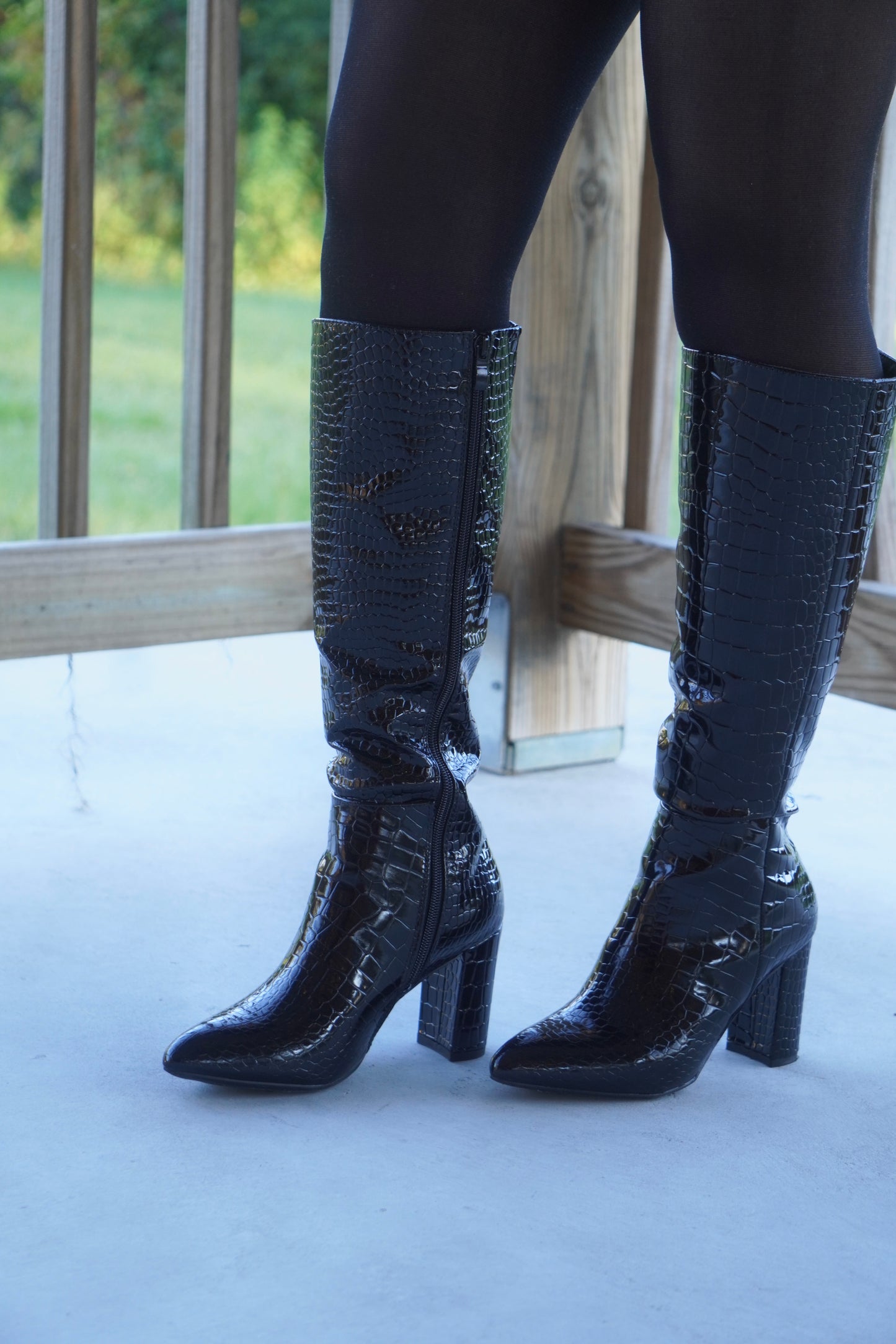 Adriana Black Croc Leather Knee High Boots