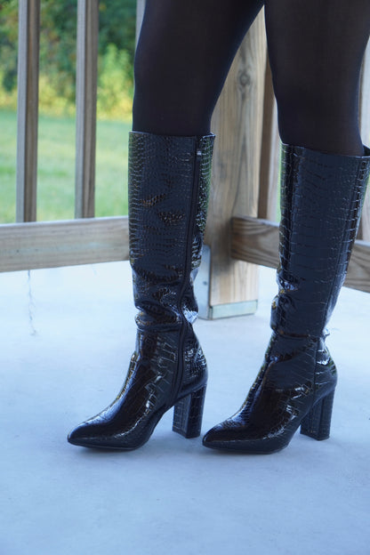 Adriana Black Croc Leather Knee High Boots