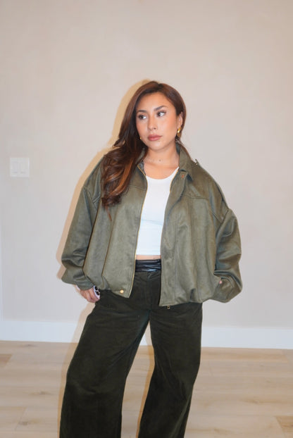 Sage Olive Suede Bomber Jacket