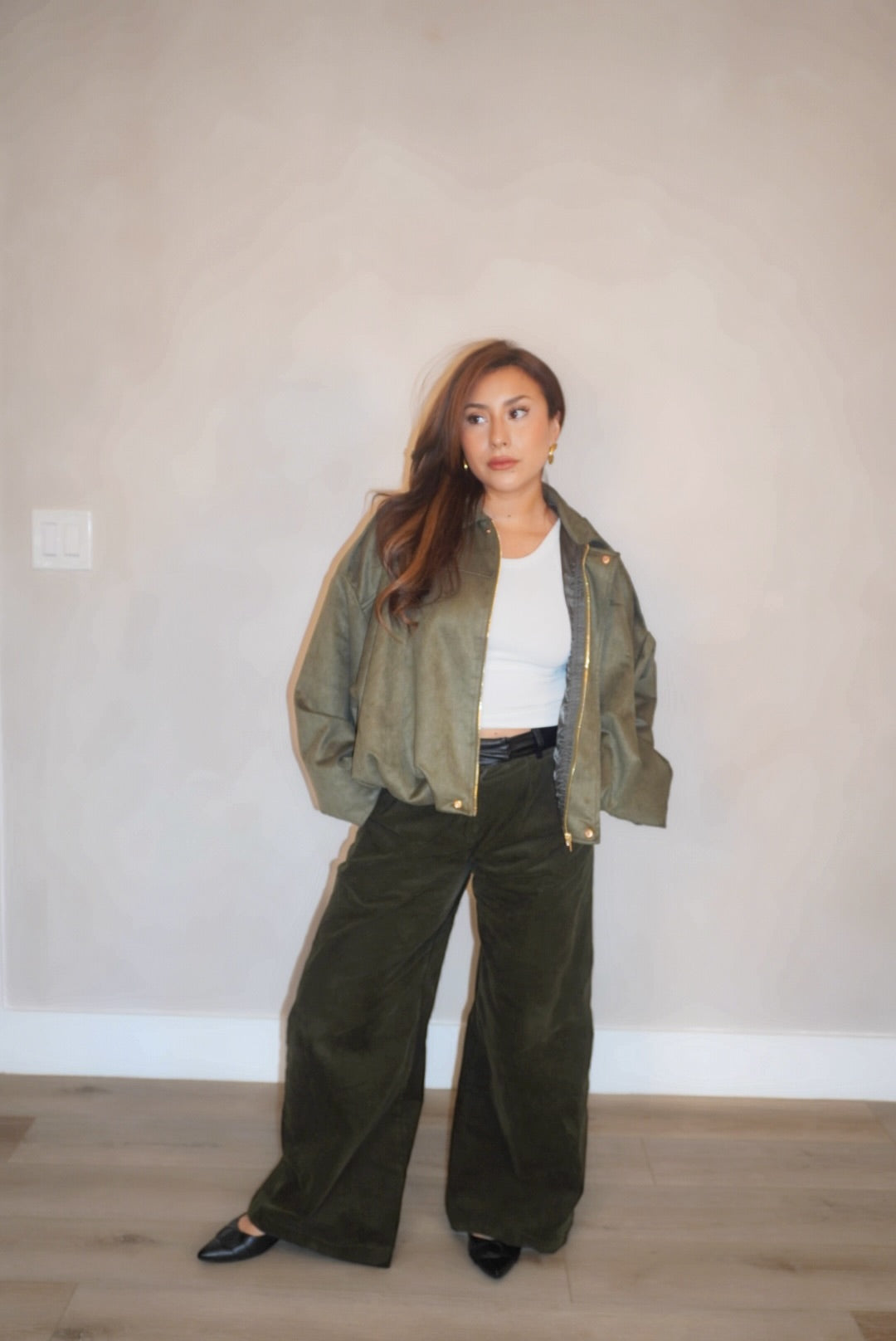 Sage Olive Suede Bomber Jacket