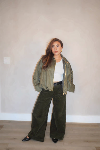 Sage Olive Suede Bomber Jacket