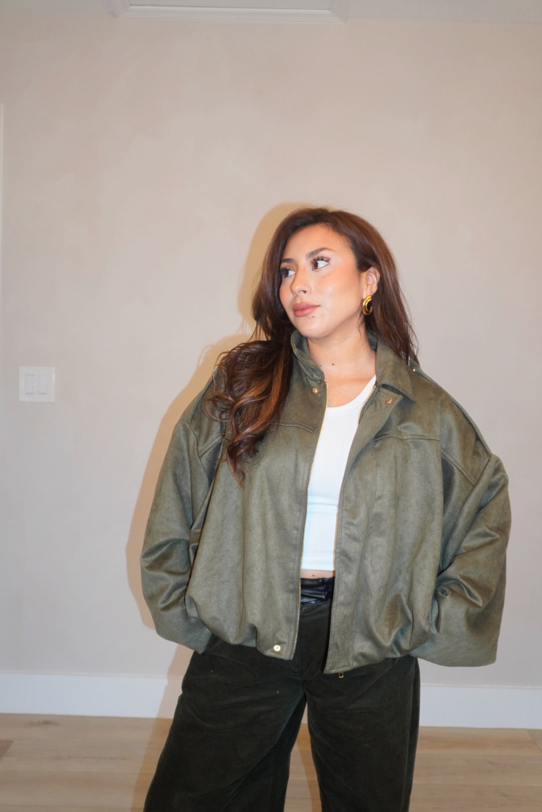 Sage Olive Suede Bomber Jacket