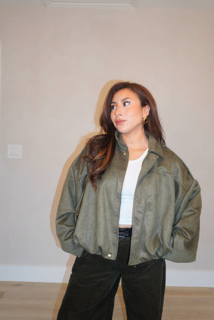 Sage Olive Suede Bomber Jacket