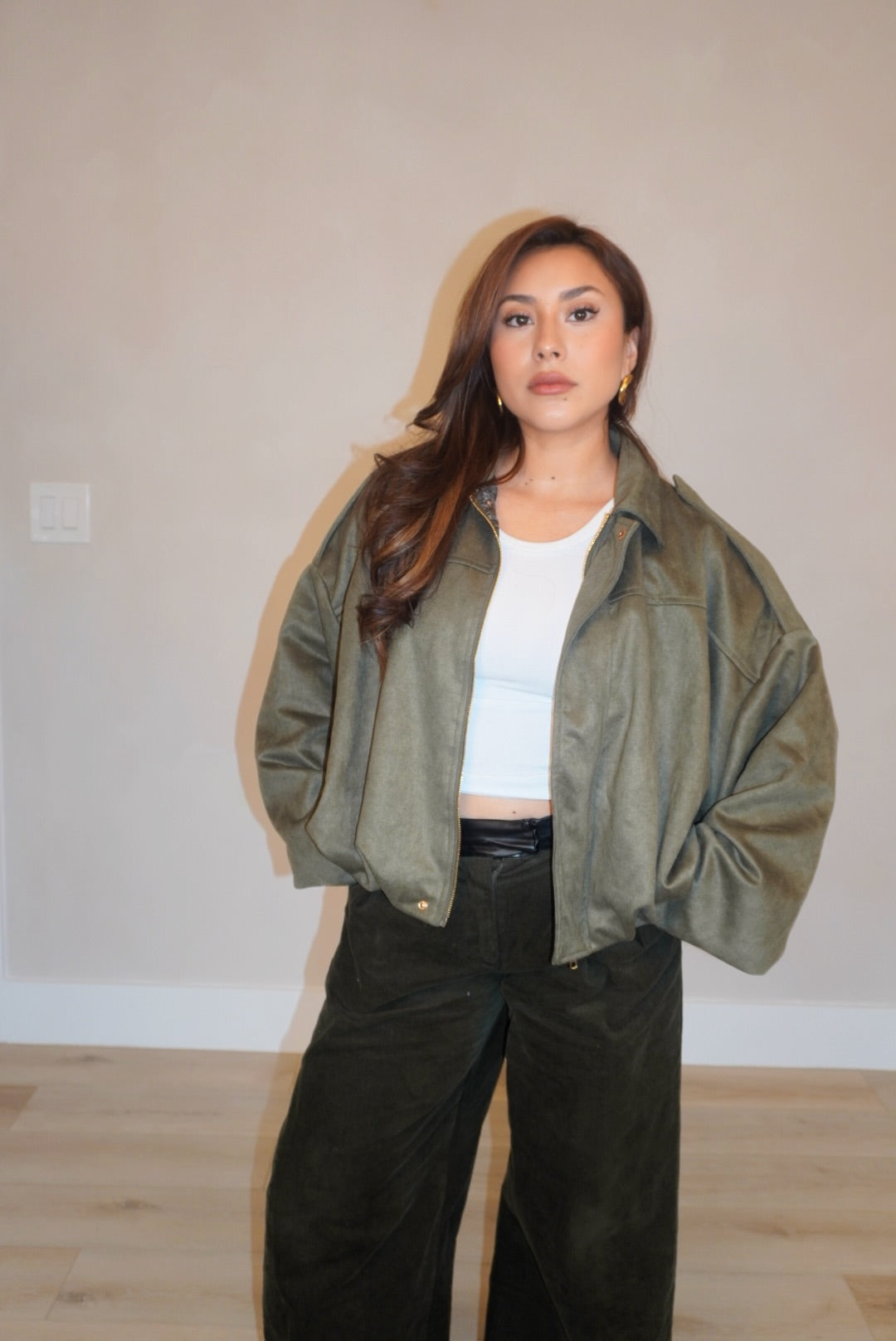 Sage Olive Suede Bomber Jacket