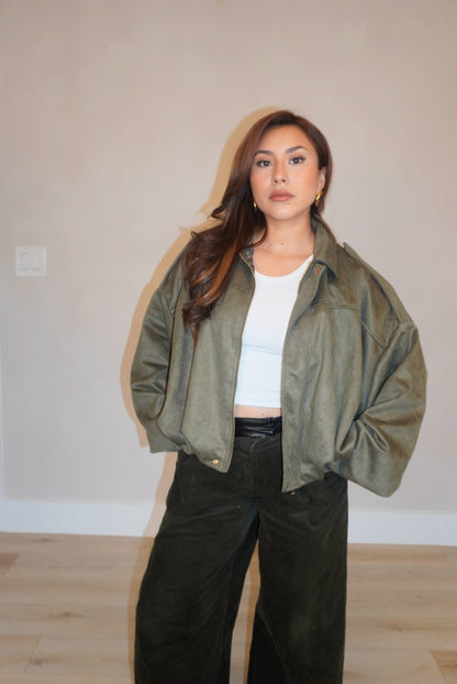 Sage Olive Suede Bomber Jacket