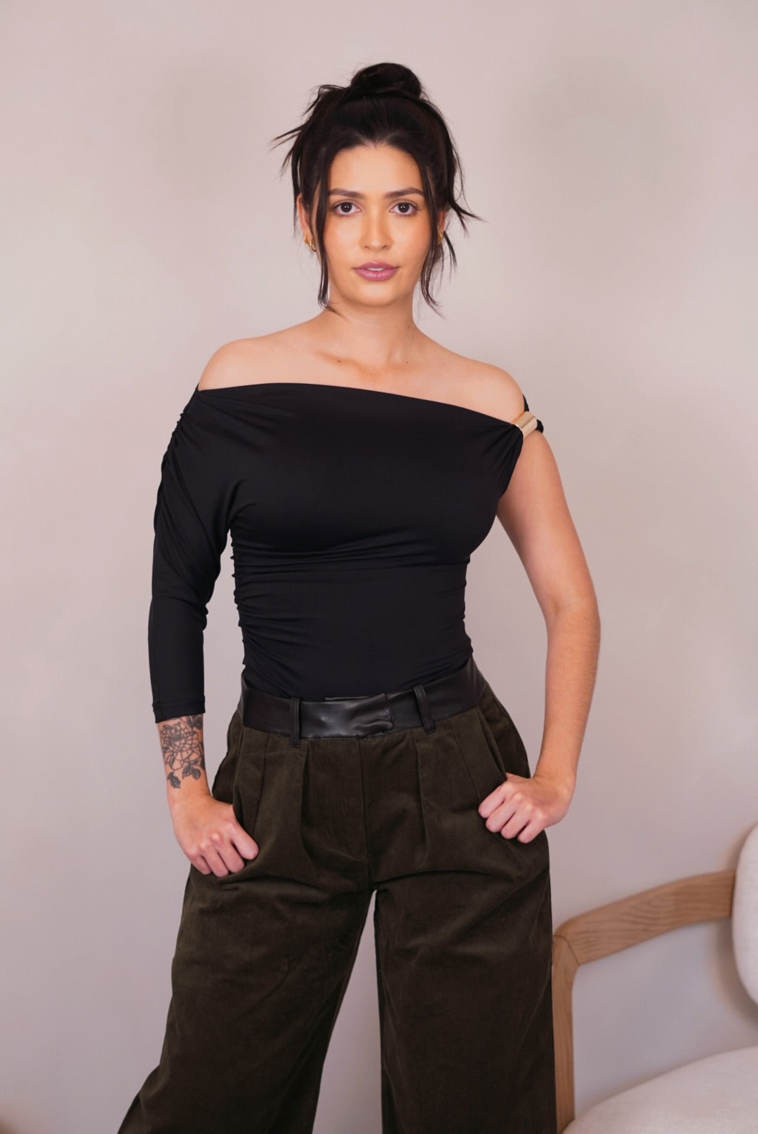 Melody Asymmetrical One Shoulder Metallic Applique Top