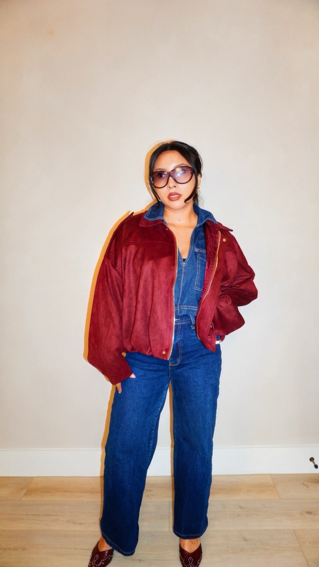 Monet Wine Suede Bomber Jacket