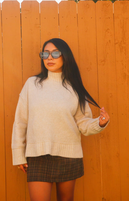 Dulce Mock Neck Split Hem Knit Pullover Sweater