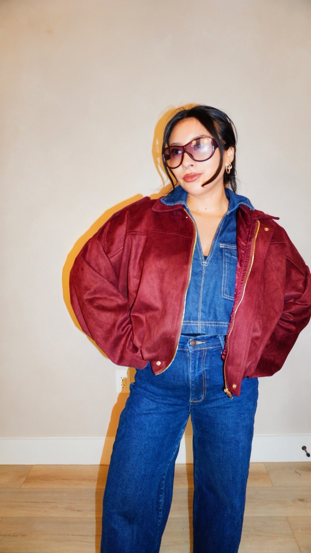 Monet Wine Suede Bomber Jacket