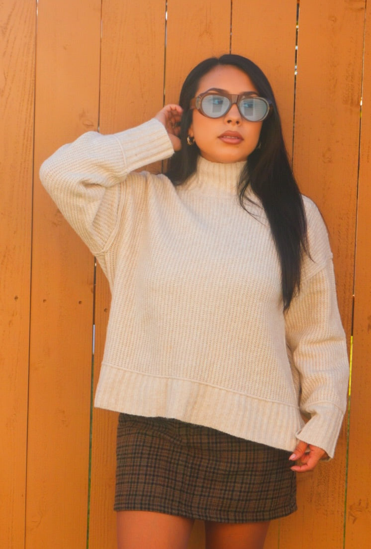 Dulce Mock Neck Split Hem Knit Pullover Sweater