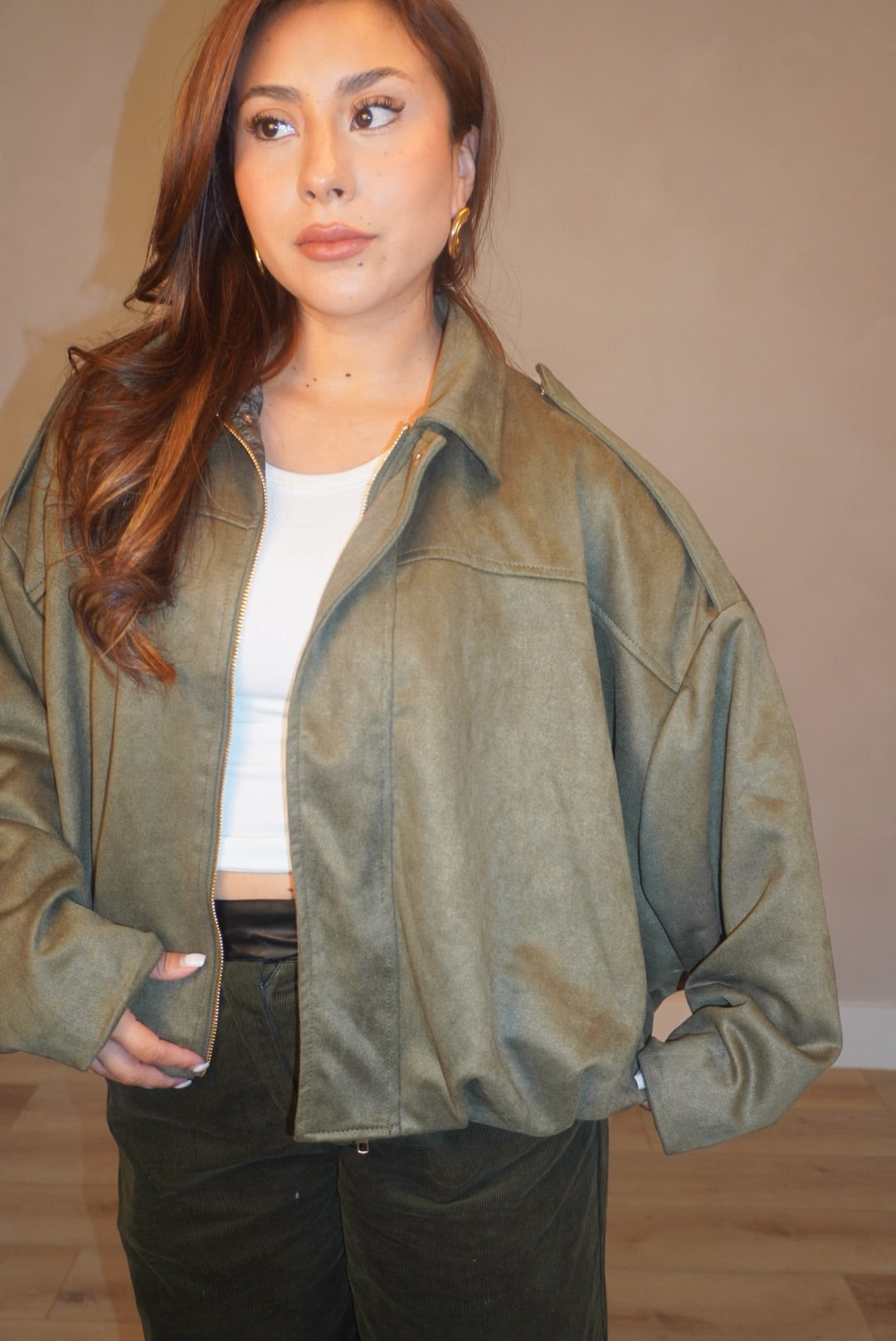 Sage Olive Suede Bomber Jacket