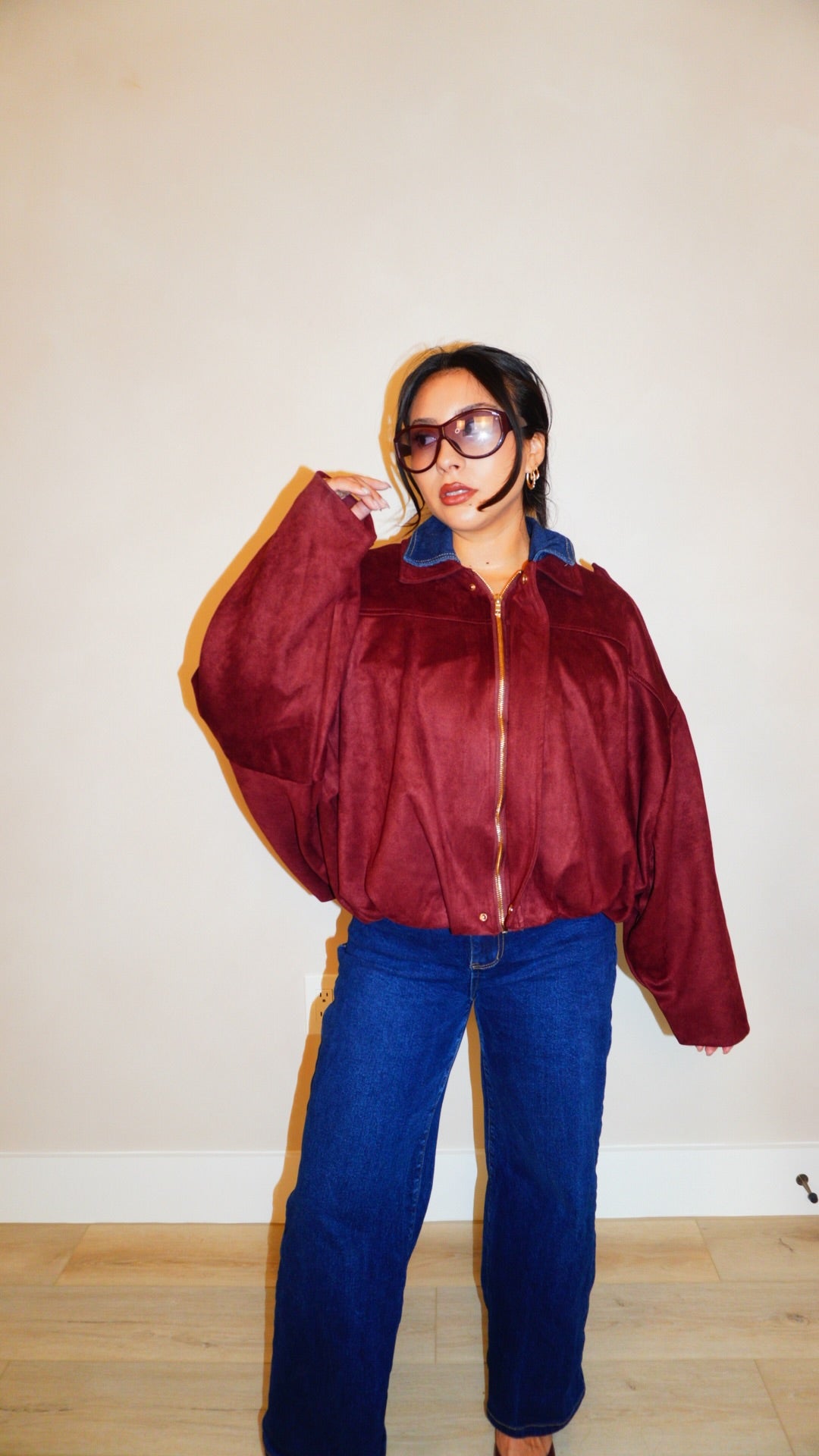 Monet Wine Suede Bomber Jacket