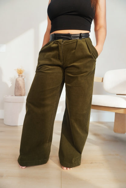 Olivia Leather Waist Band Wide Leg Pants