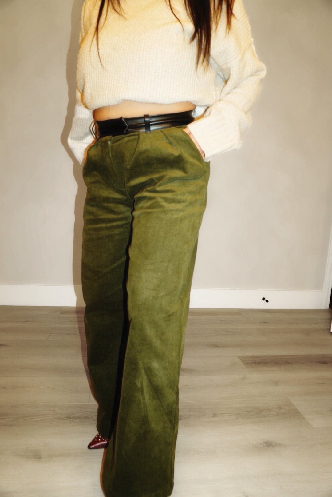 Olivia Leather Waist Band Wide Leg Pants