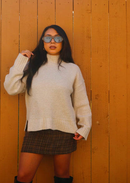 Dulce Mock Neck Split Hem Knit Pullover Sweater