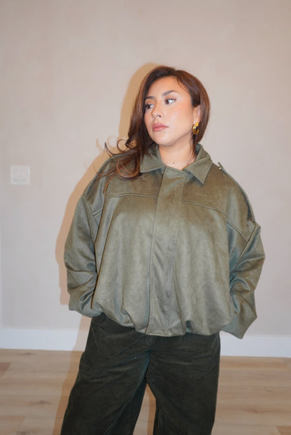 Sage Olive Suede Bomber Jacket