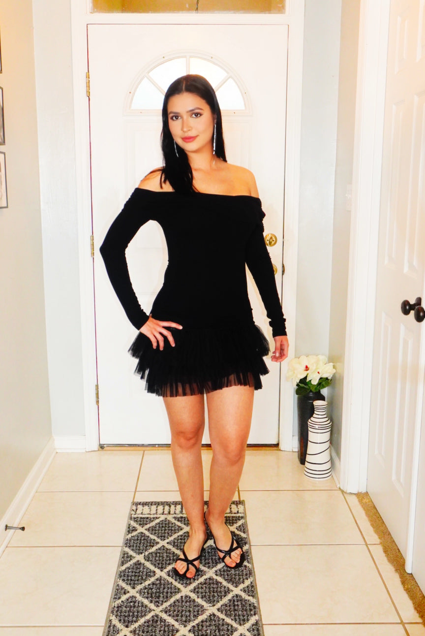 Leslie Off the Shoulder Long Sleeve Dress with Tulle