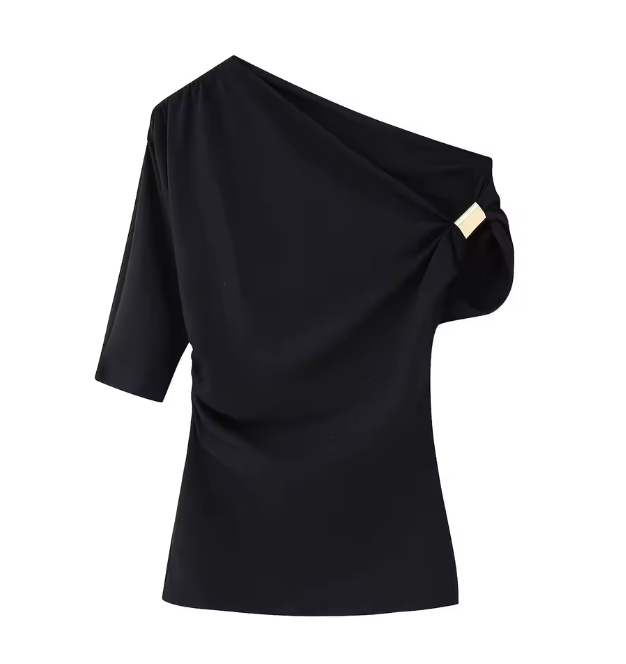 Melody Asymmetrical One Shoulder Metallic Applique Top